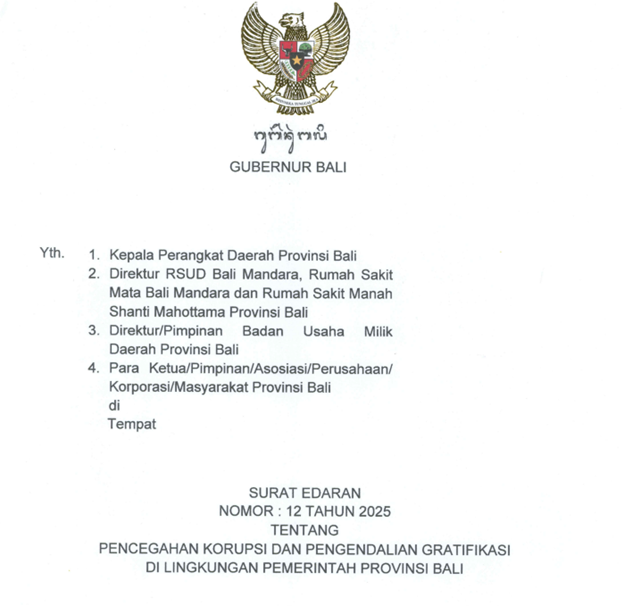 You are currently viewing Surat Edaran Nomor 12 Tahun 2025 Tentang Pencegahan Korupsi dan Pengendalian di Lingkungan Pemerintah Provinsi Bali